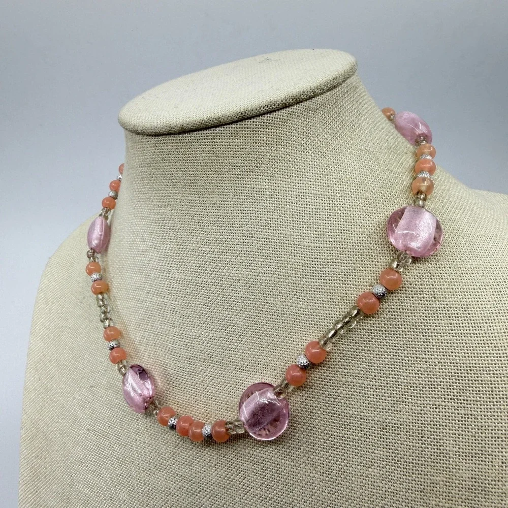 Necklace Pink Foil Glass Bead Peach Coral Silver Tone Boho Artisan Statement